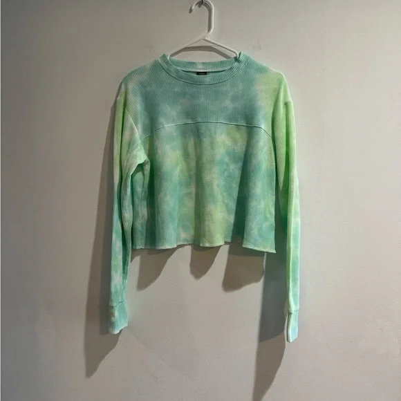 Wild Fable Tie Dye Cropped Thermal Long Sleeve Top XS Blue Green - Picture 3 of 5